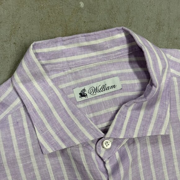 Willaim 100% Linen Dress Shirt Purple Striped Long Sleeve Made in Italy 18" XXL - Picture 6 of 9